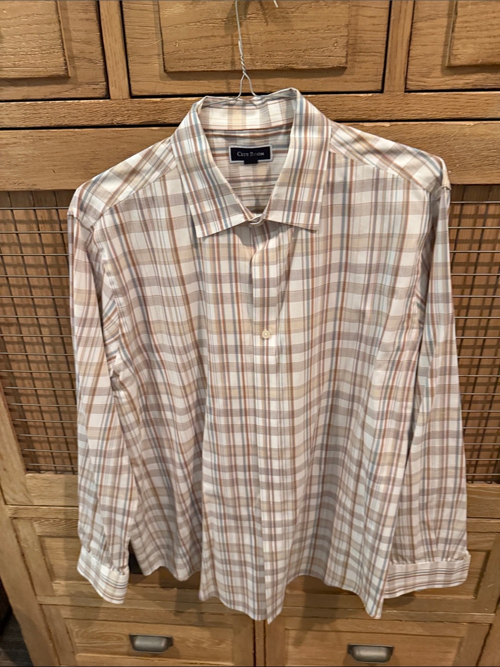 Club Room Tan and White Plaid Men's Dress Shirt sz XL